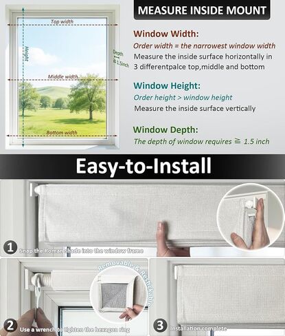 No Drill Roman Shades, Blackout Cordless Roman Shades for Indoor Windows, Thermal Insulated Room Darkening Fabric Blinds for Bedroom & Living Room, 36" W x 64" H, Off White in Saudi Arabia