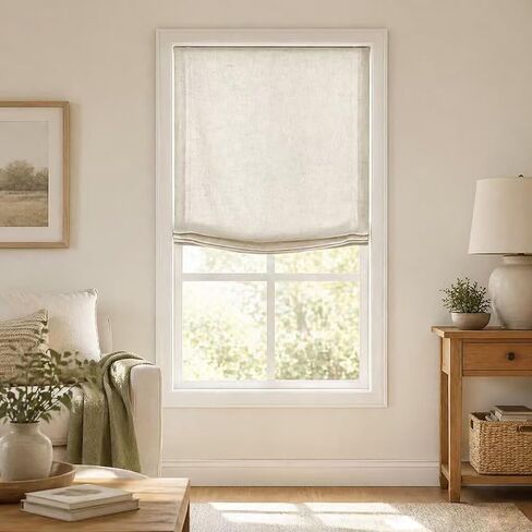Everyday Celebration Soft Linen Blend Cordless Relaxed Roman Shade, European Classic Light Filtering Window Treatment for Home, 34" W x 64" H, Natural in Kuwait