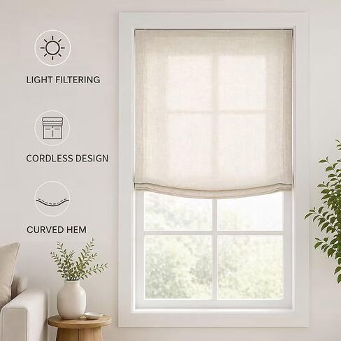 Everyday Celebration Soft Linen Blend Cordless Relaxed Roman Shade, European Classic Light Filtering Window Treatment for Home, 34" W x 64" H, Natural in Kuwait