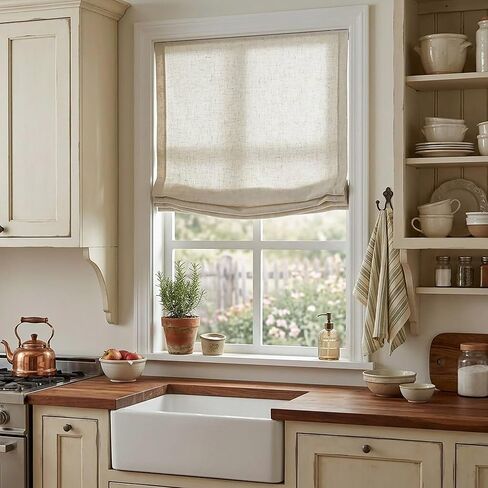 Everyday Celebration Soft Linen Blend Cordless Relaxed Roman Shade, European Classic Light Filtering Window Treatment for Home, 34" W x 64" H, Natural in Kuwait