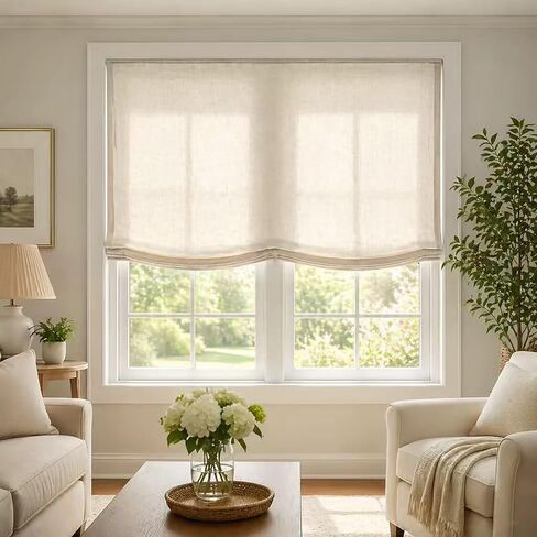 Everyday Celebration Soft Linen Blend Cordless Relaxed Roman Shade, European Classic Light Filtering Window Treatment for Home, 34" W x 64" H, Natural in Kuwait