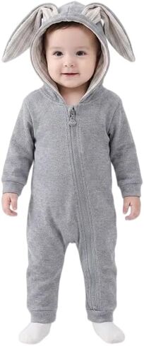 Kids Hooded One-Piece Outerwear with Bunny Ears Gray Ribbed Long Sleeve Zip Front Casual Outfit for Cooler Days (Grey,59) in Kuwait