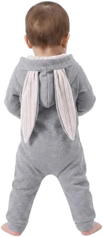 Kids Hooded One-Piece Outerwear with Bunny Ears Gray Ribbed Long Sleeve Zip Front Casual Outfit for Cooler Days (Grey,59) in Kuwait