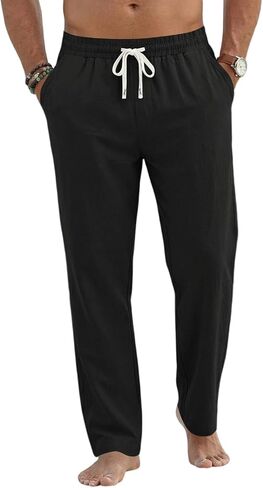 Men's Linen Cotton Elastic Drawstring Waist Pants Relaxed Fit Straight Leg Lightweight Breathable Beach Trousers in Saudi Arabia