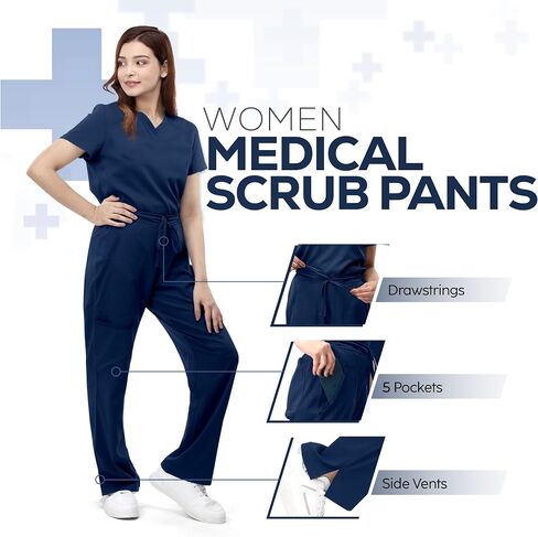 NY Threads Medical Scrub Set for Women, 1 Scrub Top and 1 Scrub Pant Loose Fit, Soft Stretch, X-Small, Navy in Kuwait