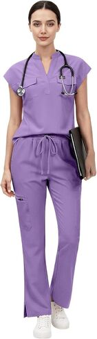 Womens Scrub Set V-Neck Top & Flare Leg Pants – 8 Pocket Medical Uniform, Stretch Nursing Scrubs for Women in Saudi Arabia
