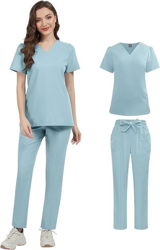 Womens Scrub Sets,Classic Unisex Fit V-Neck Top & Straight Leg Pants,Medical Uniform for Doctors, Nurses in Saudi Arabia