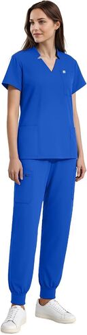 Women's Medical Scrubs Set, Notched V-Neck Top & Jogger Pants with 10 Pockets, Soft Yoga Waistband in Saudi Arabia