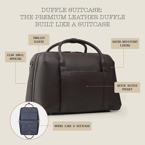 Wool & Oak Duffle Suitcase – Full-Grain Leather Travel Bag with Clamshell Opening, 33 L Capacity, Trolley Sleeve & 16″ Laptop Pocket – “DS Carry" Personal-Item Size - Pebble Leather - Chocolate in Saudi Arabia