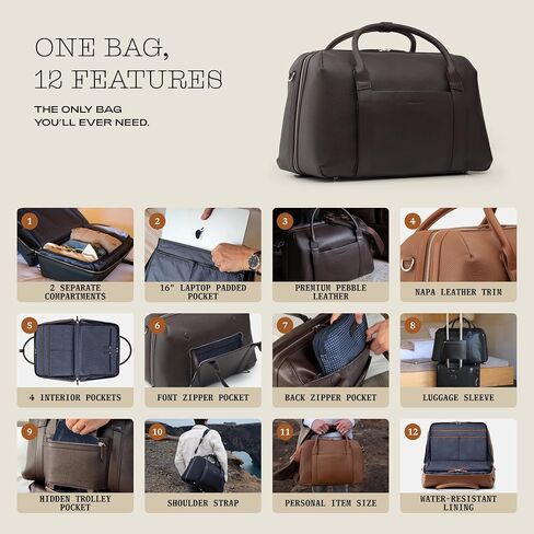 Wool & Oak Duffle Suitcase – Full-Grain Leather Travel Bag with Clamshell Opening, 33 L Capacity, Trolley Sleeve & 16″ Laptop Pocket – “DS Carry" Personal-Item Size - Pebble Leather - Chocolate in Saudi Arabia