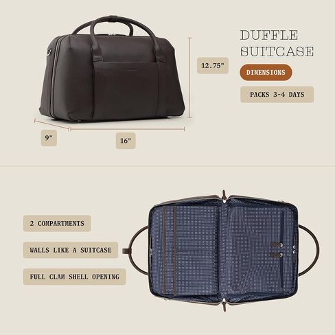 Wool & Oak Duffle Suitcase – Full-Grain Leather Travel Bag with Clamshell Opening, 33 L Capacity, Trolley Sleeve & 16″ Laptop Pocket – “DS Carry" Personal-Item Size - Pebble Leather - Chocolate in Saudi Arabia