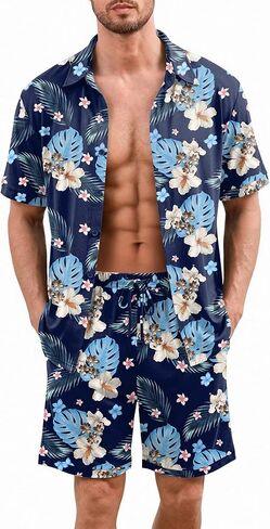 Ekouaer Men's Hawaiian Shirt and Shorts Sets 2 Piece Beach Outfits Button Down Summer Pajamas Set Vacation Lounge Sets XS-XXL in Kuwait