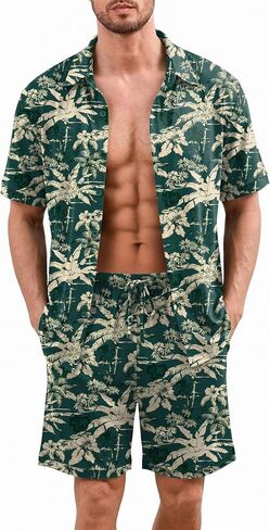 Ekouaer Men's Hawaiian Shirt and Shorts Sets 2 Piece Beach Outfits Button Down Summer Pajamas Set Vacation Lounge Sets XS-XXL in Kuwait