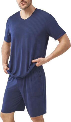 DAVID ARCHY Men's Pajamas Set Ultra Soft Modal Breathable Ribbed Short Sleeve Sleepwear 2 Piece Lounge PJs with Pockets in Kuwait