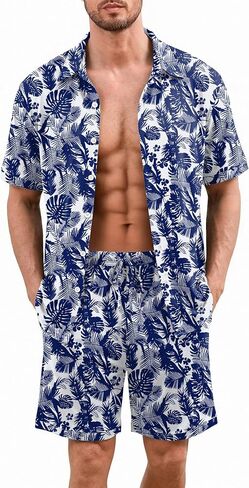 Ekouaer Men's Hawaiian Shirt and Shorts Sets 2 Piece Beach Outfits Button Down Summer Pajamas Set Vacation Lounge Sets XS-XXL in Kuwait