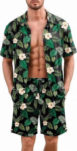 Ekouaer Men's Hawaiian Shirt and Shorts Sets 2 Piece Beach Outfits Button Down Summer Pajamas Set Vacation Lounge Sets XS-XXL in Kuwait