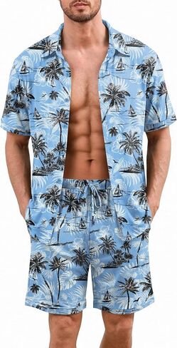 Ekouaer Men's Hawaiian Shirt and Shorts Sets 2 Piece Beach Outfits Button Down Summer Pajamas Set Vacation Lounge Sets XS-XXL in Kuwait