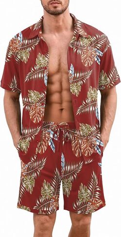 Ekouaer Men's Hawaiian Shirt and Shorts Sets 2 Piece Beach Outfits Button Down Summer Pajamas Set Vacation Lounge Sets XS-XXL in Kuwait