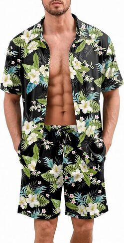 Ekouaer Men's Hawaiian Shirt and Shorts Sets 2 Piece Beach Outfits Button Down Summer Pajamas Set Vacation Lounge Sets XS-XXL in Kuwait