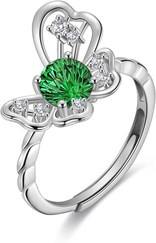 Birthstone Butterfly Opening Ring - 925 Sterling Silver Firework-Cut Cubic Zirconia Animal Adjustable Ring Anniversary Engagement Promise Ring Birthday Jewelry Gift for Women Wife Mom Daughter in Saudi Arabia