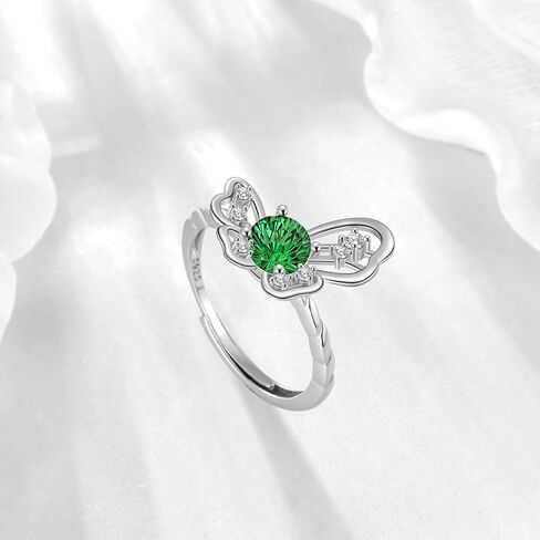 Birthstone Butterfly Opening Ring - 925 Sterling Silver Firework-Cut Cubic Zirconia Animal Adjustable Ring Anniversary Engagement Promise Ring Birthday Jewelry Gift for Women Wife Mom Daughter in Saudi Arabia