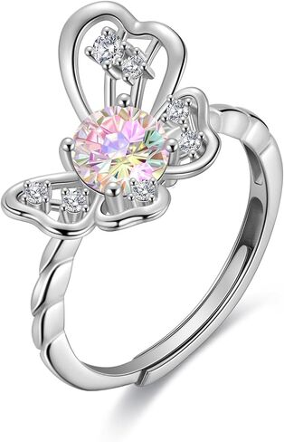 Birthstone Butterfly Opening Ring - 925 Sterling Silver Firework-Cut Cubic Zirconia Animal Adjustable Ring Anniversary Engagement Promise Ring Birthday Jewelry Gift for Women Wife Mom Daughter in Saudi Arabia