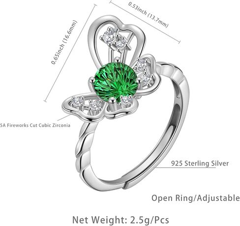 Birthstone Butterfly Opening Ring - 925 Sterling Silver Firework-Cut Cubic Zirconia Animal Adjustable Ring Anniversary Engagement Promise Ring Birthday Jewelry Gift for Women Wife Mom Daughter in Saudi Arabia