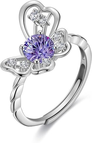 Birthstone Butterfly Opening Ring - 925 Sterling Silver Firework-Cut Cubic Zirconia Animal Adjustable Ring Anniversary Engagement Promise Ring Birthday Jewelry Gift for Women Wife Mom Daughter in Saudi Arabia