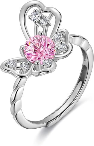 Birthstone Butterfly Opening Ring - 925 Sterling Silver Firework-Cut Cubic Zirconia Animal Adjustable Ring Anniversary Engagement Promise Ring Birthday Jewelry Gift for Women Wife Mom Daughter in Saudi Arabia
