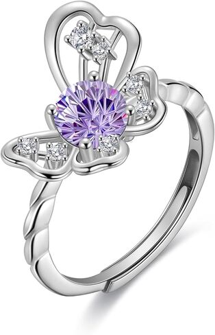 Birthstone Butterfly Opening Ring - 925 Sterling Silver Firework-Cut Cubic Zirconia Animal Adjustable Ring Anniversary Engagement Promise Ring Birthday Jewelry Gift for Women Wife Mom Daughter in Saudi Arabia