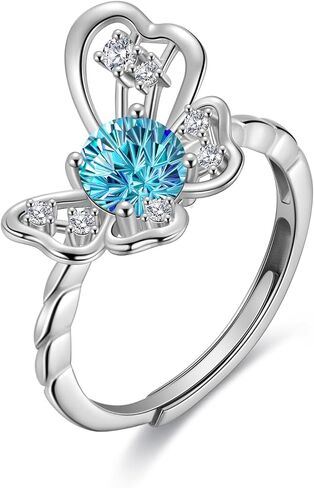 Birthstone Butterfly Opening Ring - 925 Sterling Silver Firework-Cut Cubic Zirconia Animal Adjustable Ring Anniversary Engagement Promise Ring Birthday Jewelry Gift for Women Wife Mom Daughter in Saudi Arabia