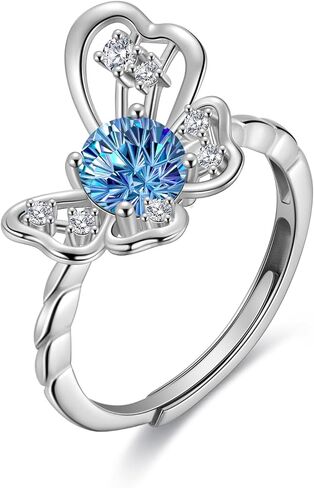 Birthstone Butterfly Opening Ring - 925 Sterling Silver Firework-Cut Cubic Zirconia Animal Adjustable Ring Anniversary Engagement Promise Ring Birthday Jewelry Gift for Women Wife Mom Daughter in Saudi Arabia