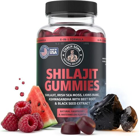 Coach Soak Shilajit Gummies 6-in-1: Tasty Raspberry Watermelon Flavor with Ashwagandha, Lion’s Mane, Irish Sea Moss, Beet Root & Black Seed Oil - Lab Tested Pure Shilajit for Men and Women | 60 ct in Kuwait