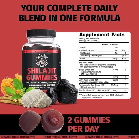 Coach Soak Shilajit Gummies 6-in-1: Tasty Raspberry Watermelon Flavor with Ashwagandha, Lion’s Mane, Irish Sea Moss, Beet Root & Black Seed Oil - Lab Tested Pure Shilajit for Men and Women | 60 ct in Kuwait