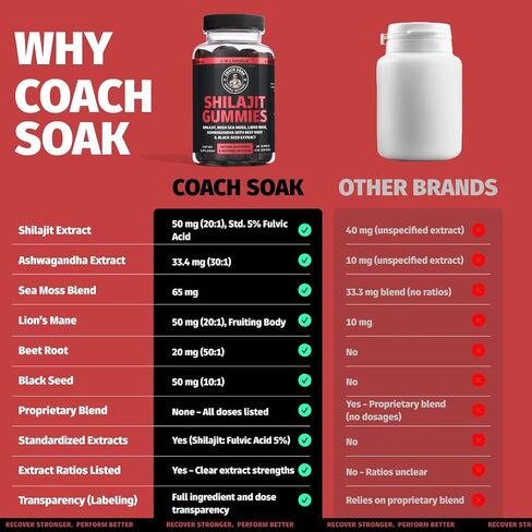Coach Soak Shilajit Gummies 6-in-1: Tasty Raspberry Watermelon Flavor with Ashwagandha, Lion’s Mane, Irish Sea Moss, Beet Root & Black Seed Oil - Lab Tested Pure Shilajit for Men and Women | 60 ct in Kuwait