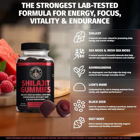 Coach Soak Shilajit Gummies 6-in-1: Tasty Raspberry Watermelon Flavor with Ashwagandha, Lion’s Mane, Irish Sea Moss, Beet Root & Black Seed Oil - Lab Tested Pure Shilajit for Men and Women | 60 ct in Kuwait