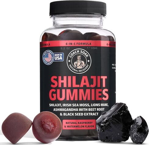 Coach Soak Shilajit Gummies 6-in-1: Tasty Raspberry Watermelon Flavor with Ashwagandha, Lion’s Mane, Irish Sea Moss, Beet Root & Black Seed Oil - Lab Tested Pure Shilajit for Men and Women | 60 ct in Kuwait