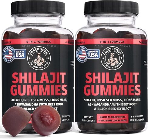 Coach Soak Shilajit Gummies 6-in-1: Tasty Raspberry Watermelon Flavor with Ashwagandha, Lion’s Mane, Irish Sea Moss, Beet Root & Black Seed Oil - Lab Tested Pure Shilajit for Men and Women | 60 ct in Kuwait