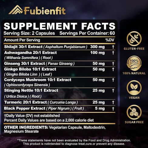 Shilajit Capsules - Premium Shilajit for Men - with Ashwagandha Ginseng and More Fulvic Acid for Men/Women - 120 Capsules in Saudi Arabia