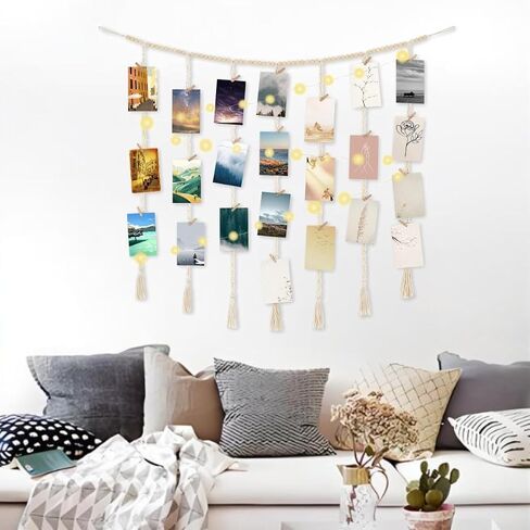Macrame Hanging Photo Display with String Lights,Boho Wall Decor Picture Card Frame Holder with 45 Clips for Teen Room, Beach Room Decor, Hanging Photo Display with Clips in Saudi Arabia