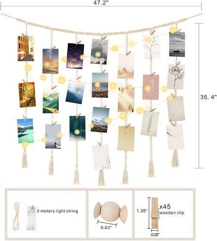 Macrame Hanging Photo Display with String Lights,Boho Wall Decor Picture Card Frame Holder with 45 Clips for Teen Room, Beach Room Decor, Hanging Photo Display with Clips in Saudi Arabia