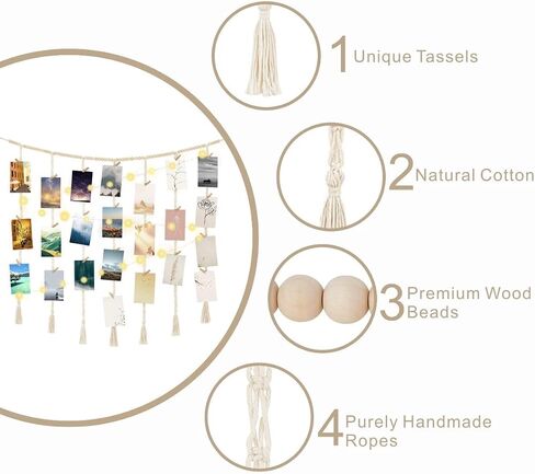 Macrame Hanging Photo Display with String Lights,Boho Wall Decor Picture Card Frame Holder with 45 Clips for Teen Room, Beach Room Decor, Hanging Photo Display with Clips in Saudi Arabia