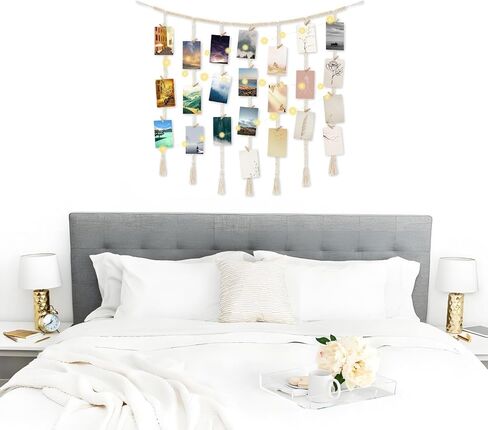 Macrame Hanging Photo Display with String Lights,Boho Wall Decor Picture Card Frame Holder with 45 Clips for Teen Room, Beach Room Decor, Hanging Photo Display with Clips in Saudi Arabia