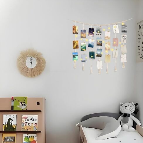 Macrame Hanging Photo Display with String Lights,Boho Wall Decor Picture Card Frame Holder with 45 Clips for Teen Room, Beach Room Decor, Hanging Photo Display with Clips in Saudi Arabia