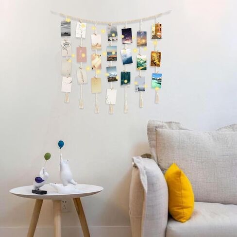 Macrame Hanging Photo Display with String Lights,Boho Wall Decor Picture Card Frame Holder with 45 Clips for Teen Room, Beach Room Decor, Hanging Photo Display with Clips in Saudi Arabia