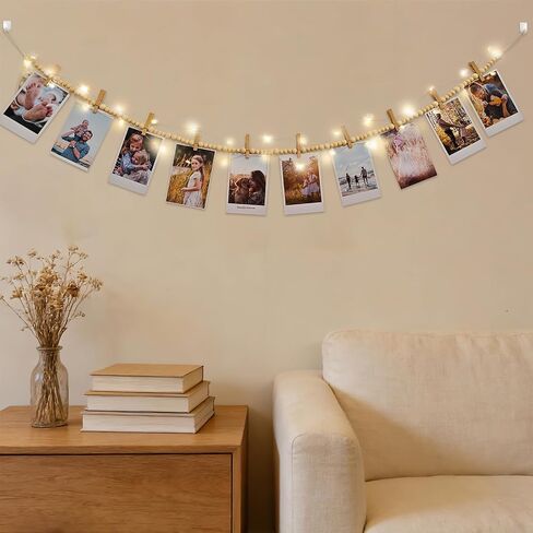 عرض الصور المعلقة مع مشابك، هدايا للفتيات المراهقات بدون غرفة نوم DIY أو مسكن أو حضانة بوهو لتزيين الحائط من الخرز الخشبي مع خطافين وأضواء خرافية موقوتة - بدون بطاريات (النمط أ) in Kuwait