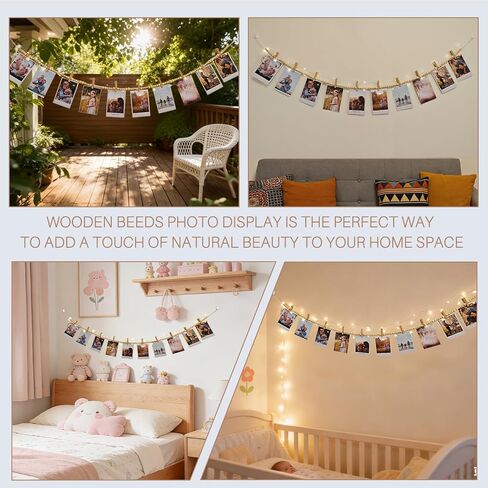 عرض الصور المعلقة مع مشابك، هدايا للفتيات المراهقات بدون غرفة نوم DIY أو مسكن أو حضانة بوهو لتزيين الحائط من الخرز الخشبي مع خطافين وأضواء خرافية موقوتة - بدون بطاريات (النمط أ) in Kuwait
