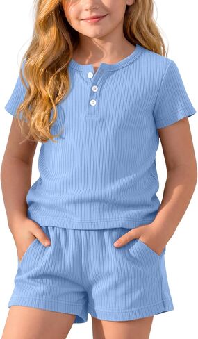 Girls 2 Piece Summer Outfits Cotton Short Sleeve Top and Shorts Henley Ribbed Casual Clothing Set with Pockets 5-14Y in Kuwait