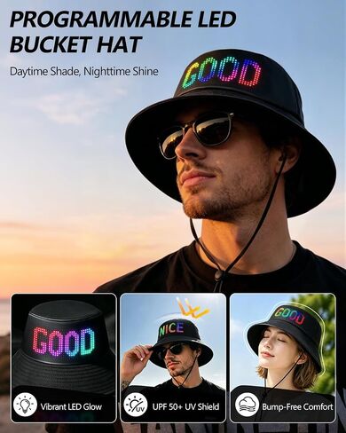 LED Programmable Bucket Hat with App Control, Custom Text Bluetooth LED Hat Ultra Bright Light Up Cap for Party Gift in Saudi Arabia