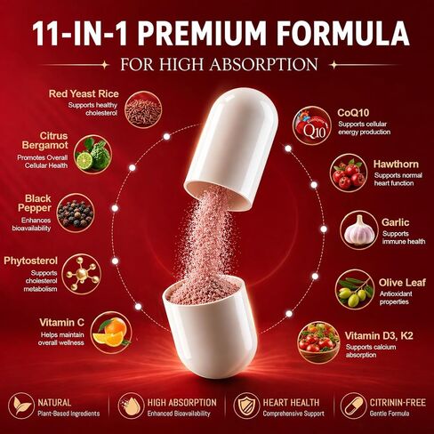 Red Yeast Rice 1200mg with CoQ10 Supplement, 11-In-1 Advanced Heart Health & Healthy Cholesterol Formula | Contain Vitamin D3, K2, Bergamot & Hawthorn | No Citrinin, NON-GMO, 120 Vegan Capsules in Saudi Arabia